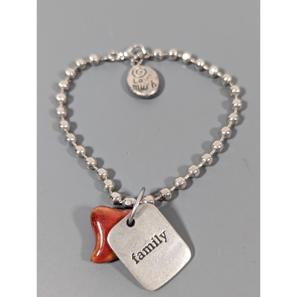 Ceramic Heart Charm Bracelet Family Love Quote Silver‎ Tone 8"